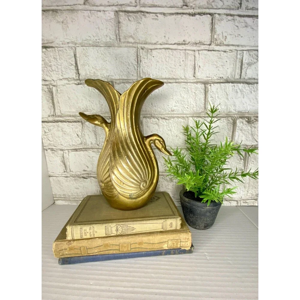 Midcentury Brass Double Swan Vase Planter Art Deco Hollywood Regency...7.5